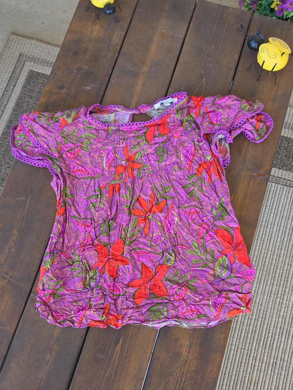 Rose & Olive Pink Floral Short-Sleeve Blouse with Red Flowers